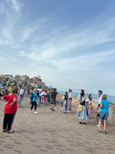 Colorful traditional dancers performing on seaside promenade in Antibes, France.