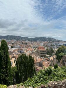 Panoramic view of Cannes, France with lush greenery and cityscape under cloudy sky.