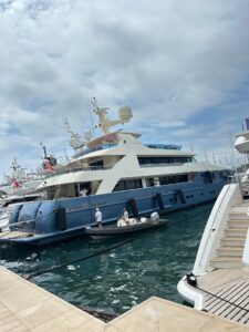 Luxury yacht at marina in Cannes, France.
