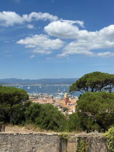 Vibrant harbor town with sailboats, lush green trees, and scenic blue sky in Saint Tropez, France.