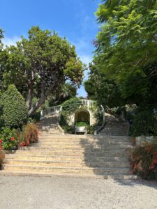 Lush garden staircase with vibrant greenery and blooming flowers under a bright blue sky.