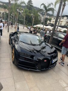 Luxurious black Bugatti Chiron on display outside Monte Carlo in Monaco.