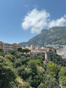 Prince's Palace of Monaco on hillside with lush greenery, Mediterranean cityscape, and mountain backdrop in Monaco.