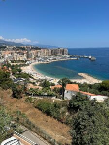 Scenic view of Monaco's coastline with luxury buildings and a pristine beach under a clear blue sky.