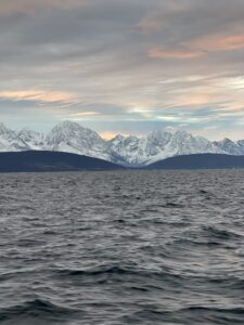 Snow-capped mountain range across a fjord in Norway.