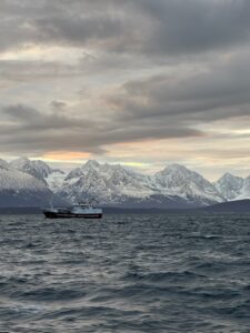 Snow-capped mountains with a boat on the ocean at sunrise in Norway.