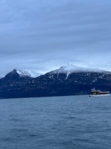Snow-capped mountains on the fjords of Norway