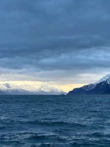 Snow-capped mountains and dark blue ocean under cloudy sky in a scenic coastal landscape in Norway