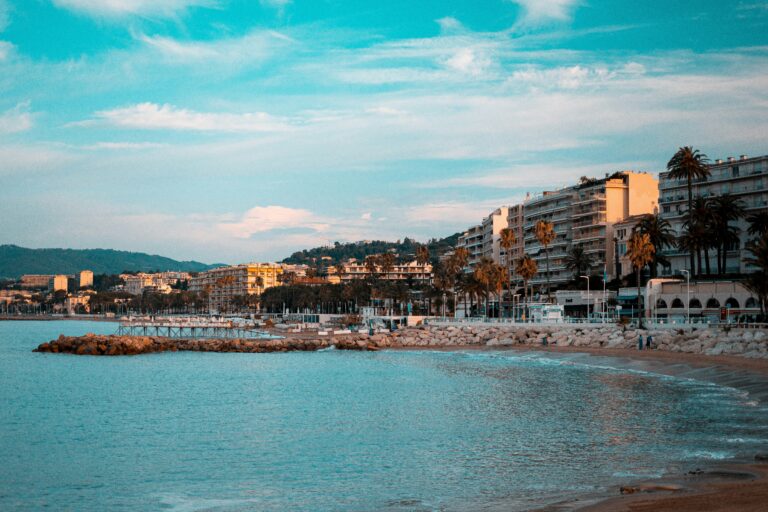 Vibrant seaside cityscape with luxury hotels, palm trees, and calm ocean waters in Cannes, France.